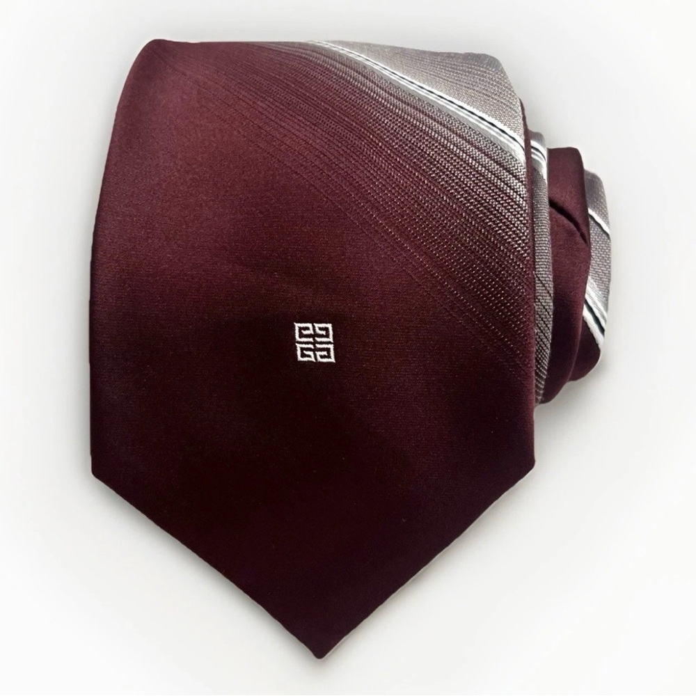 Givenchy Poly-Silk Designer Tie Burgundy Striped Vintage Luxury Retro Necktie